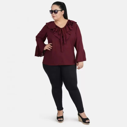 Women's Casual Bell Sleeve Solid Maroon Top (Color:Maroon, Material:Georgette)