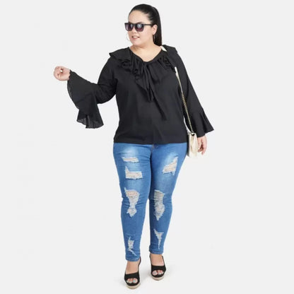Women's Casual Bell Sleeve Solid Black Top (Color:Black, Material:Georgette)
