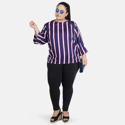 Women's Casual Bell Sleeve Striped Blue Top (Color:Blue, Material:Crepe)