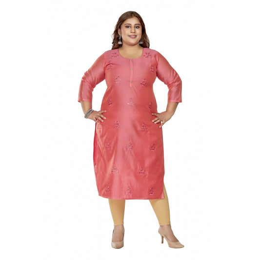 Women's Casual 3/4th Sleeve Mirror Embroided Rayon Straight Kurti (Pink)