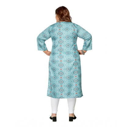 Women's Casual 3/4th Sleeve Golden Foil Printed Rayon Straight Kurti (Blue)