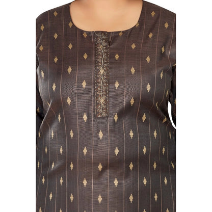 Women's Casual 3/4th Sleeve Golden Embroided Cotton Mix Straight Kurti (Dark Grey)