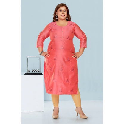 Women's Casual 3/4th Sleeve Mirror Embroided Rayon Straight Kurti (Pink)
