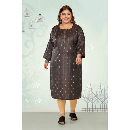 Women's Casual 3/4th Sleeve Golden Embroided Cotton Mix Straight Kurti (Dark Grey)
