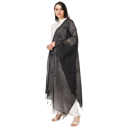 Generic Women's Cotton Embroidered Dupatta (Black, Length: 2.25 to 2.50 Mtr)