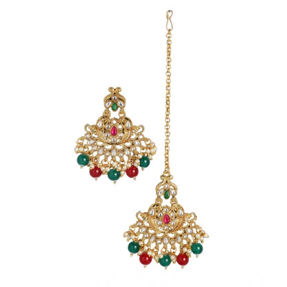 Generic Women's Rose Gold Plated Alloy Kundan Earrings &amp; Mangtikka (Red &amp; Green)