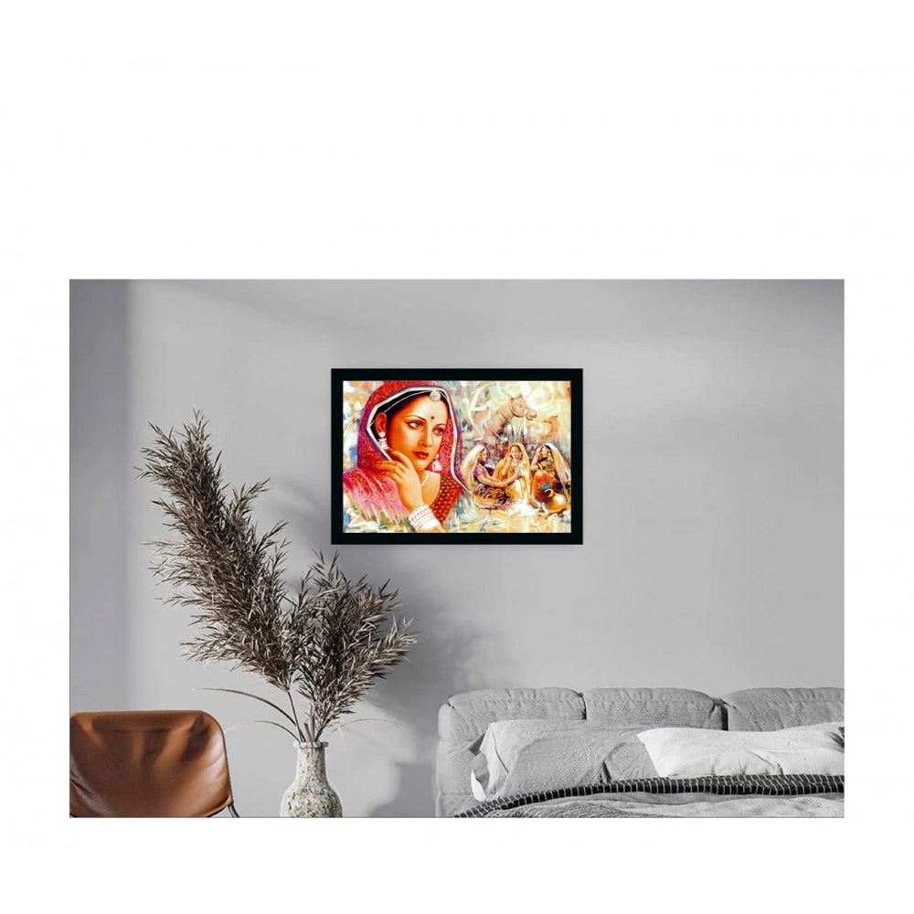 Generic Rajasthani Village Modern Art Painting with Synthetic Photo Frame (Multicolor)