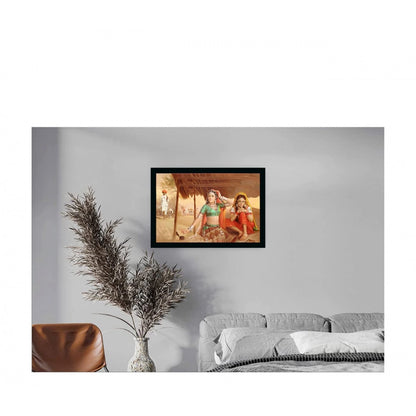 Generic Rajasthani Village Modern Art Painting with Synthetic Photo Frame (Multicolor)