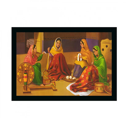 Generic Rajasthani Village Modern Art Painting with Synthetic Photo Frame (Multicolor)