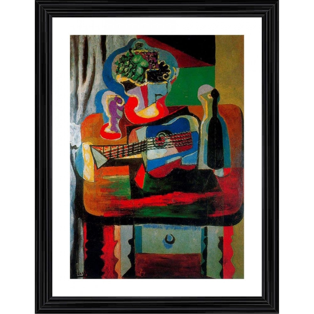 Generic Guitar Bottle Fruit Dish and Glass 1919 Painting With Wood Photo Frame (Multicolor)