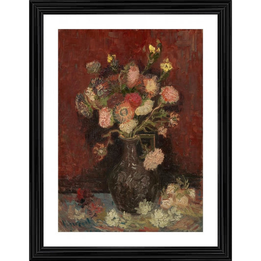 Generic Vase with Gladioli and Chinese Asters Painting With Wood Photo Frame (Multicolor)