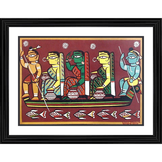Generic Krishna sailing with Gopika Painting With Wood Photo Frame (Multicolor)
