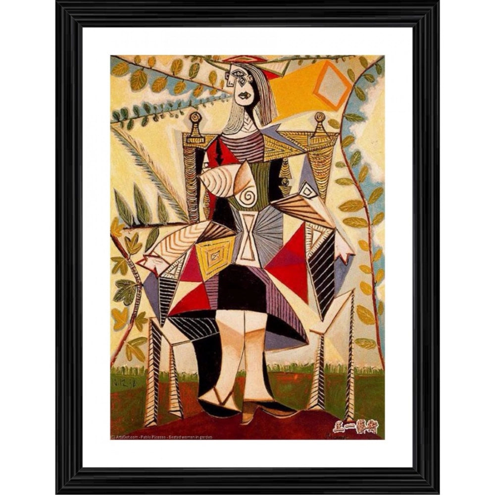 Generic Seated Woman in a Garden 1938 Painting With Wood Photo Frame (Multicolor)