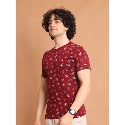 Generic Men's Casual Cotton Printed Round Neck Half Sleeve T-Shirt (Maroon)