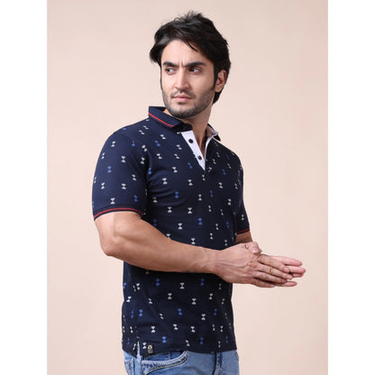 Generic Men's Casual Cotton Printed Polo Neck Half Sleeve T-Shirt (Navy)