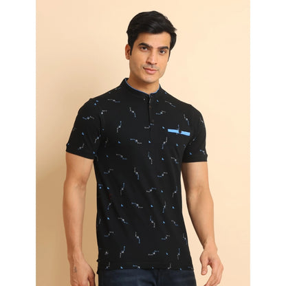 Generic Men's Casual Cotton Printed Mandarin Collar Half Sleeve T-Shirt (Navy)