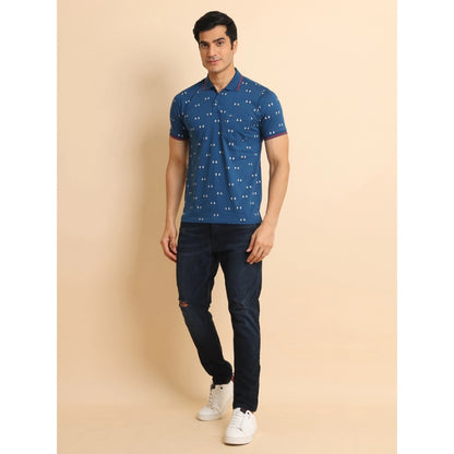 Generic Men's Casual Cotton Printed Polo Neck Half Sleeve T-Shirt (Blue)