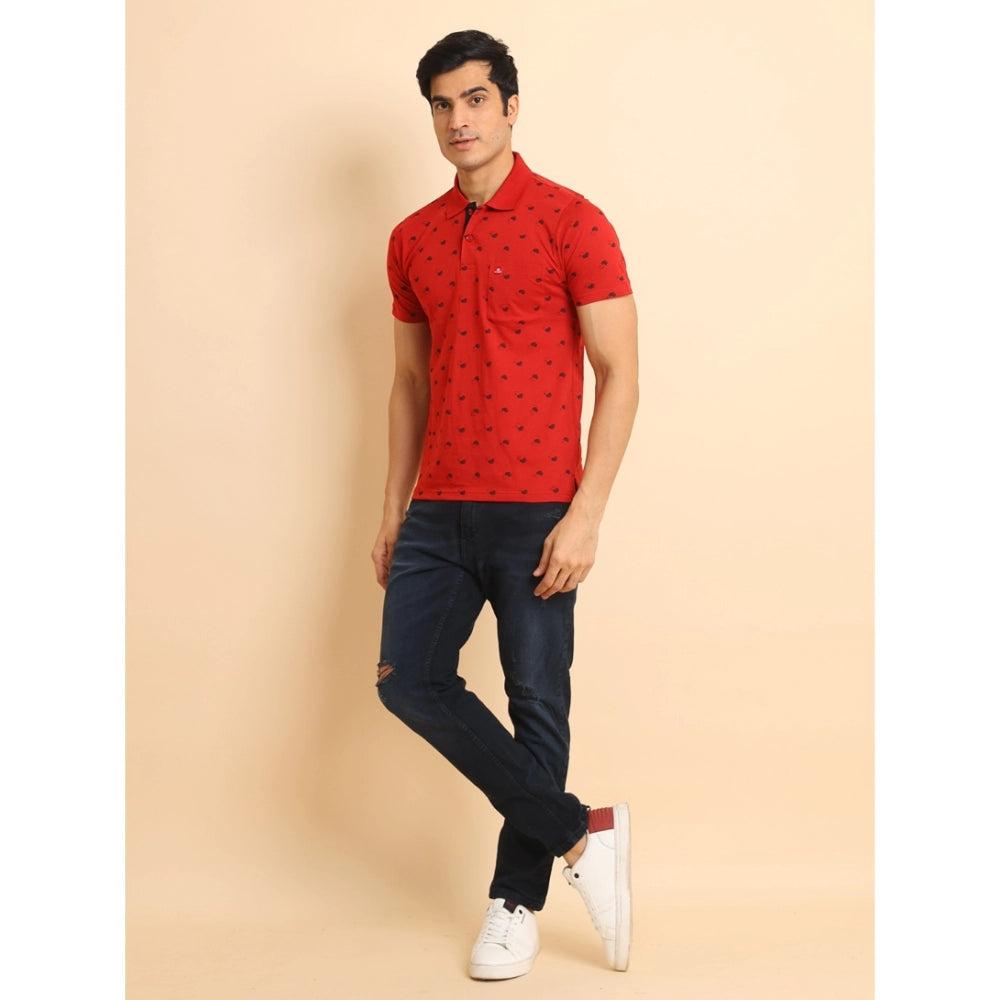 Generic Men's Casual Cotton Printed Polo Neck Half Sleeve T-Shirt (Red)