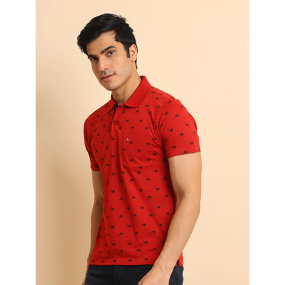 Generic Men's Casual Cotton Printed Polo Neck Half Sleeve T-Shirt (Red)