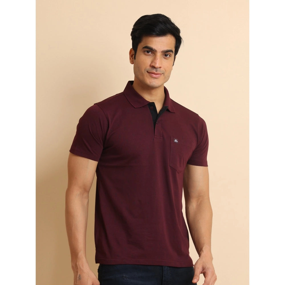 Generic Men's Casual Cotton Printed Polo Neck Half Sleeve T-Shirt (Wine)