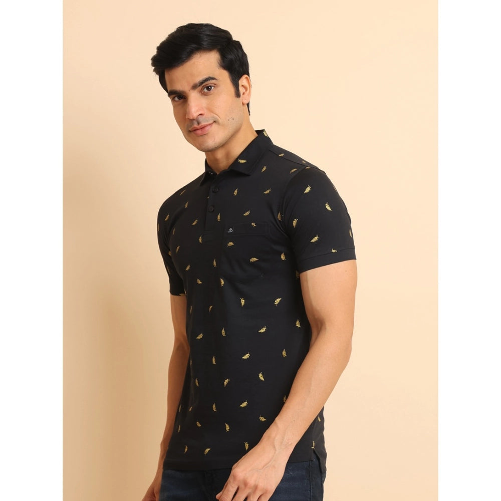 Generic Men's Casual Cotton Printed Polo Neck Half Sleeve T-Shirt (Black)