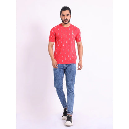 Generic Men's Casual Cotton Printed Round Neck Half Sleeve T-Shirt (Red)