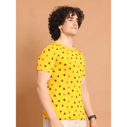 Generic Men's Casual Cotton Printed Round Neck Half Sleeve T-Shirt (Yellow)