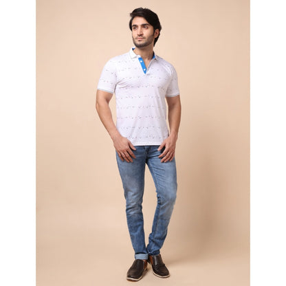 Generic Men's Casual Cotton Printed Polo Neck Half Sleeve T-Shirt (White)