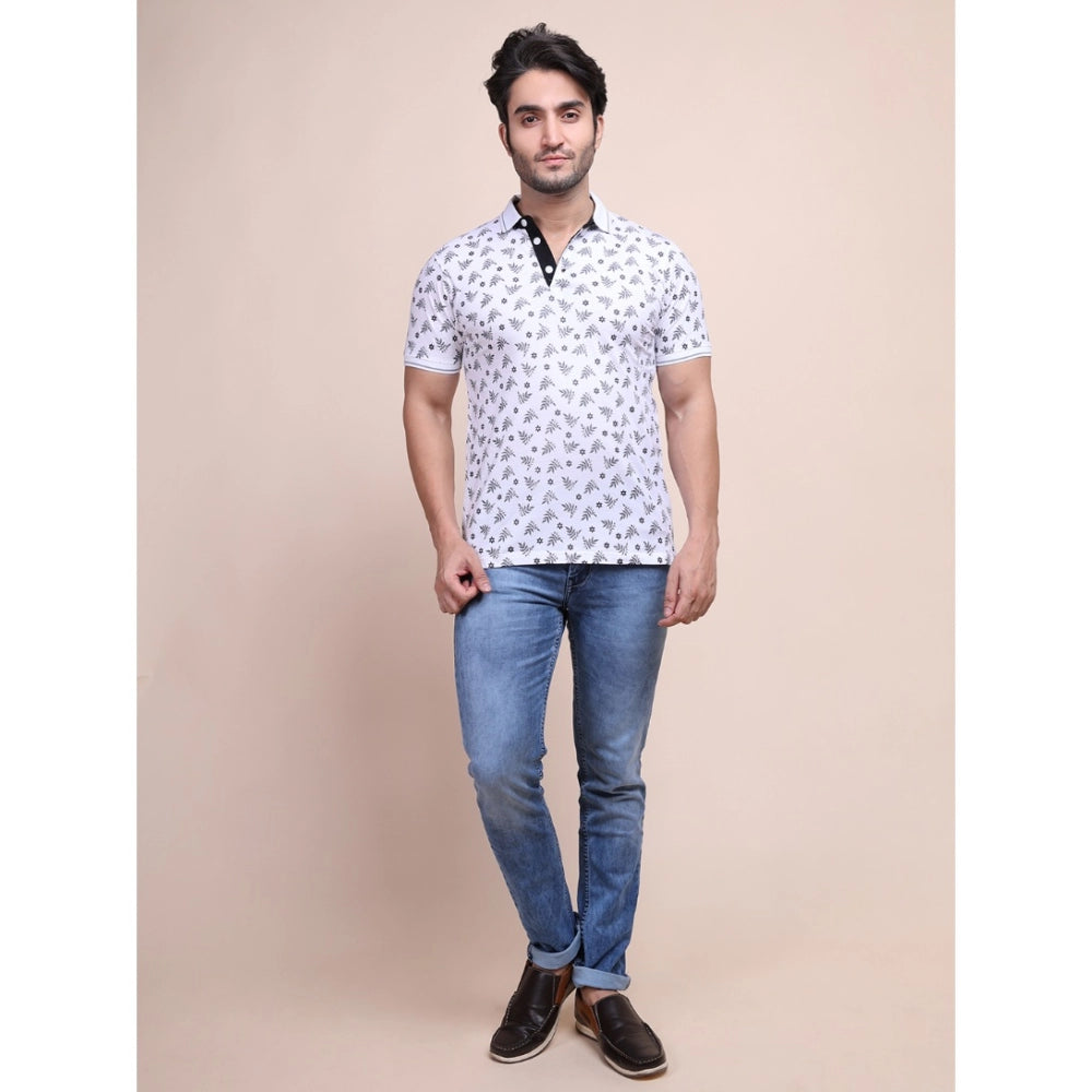 Generic Men's Casual Cotton Printed Polo Neck Half Sleeve T-Shirt (White)