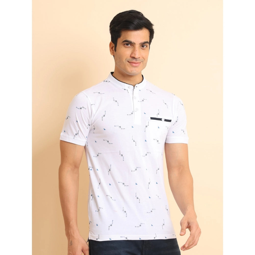 Generic Men's Casual Cotton Printed Mandarin Collar Half Sleeve T-Shirt (White)