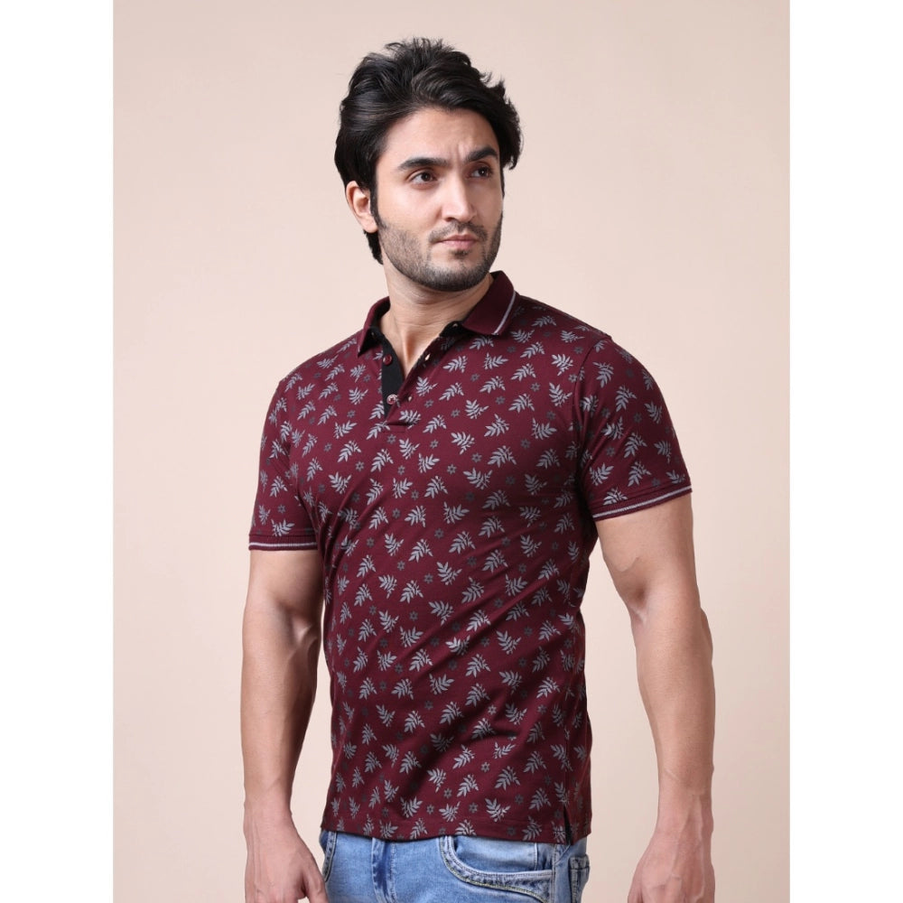 Generic Men's Casual Cotton Printed Polo Neck Half Sleeve T-Shirt (Plum)