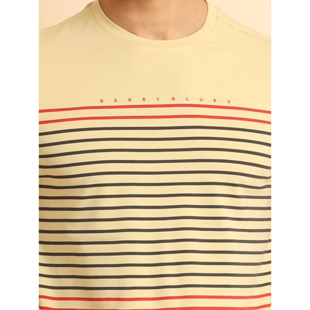Generic Men's Casual Cotton Printed Round Neck Half Sleeve T-Shirt (Beige)