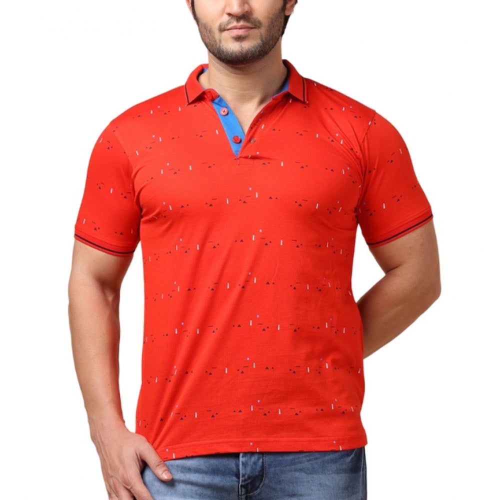 Generic Men's Casual Cotton Printed Polo Neck Half Sleeve T-Shirt (Red)