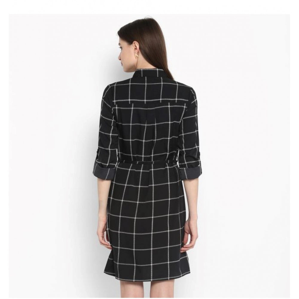 Generic Women's Polyester Checkered Roll Up Sleeve Above Knee Dress (Black - White)