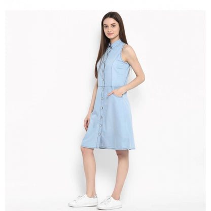 Generic Women's Denim Solid Sleeveless Below Knee Dress (Blue)