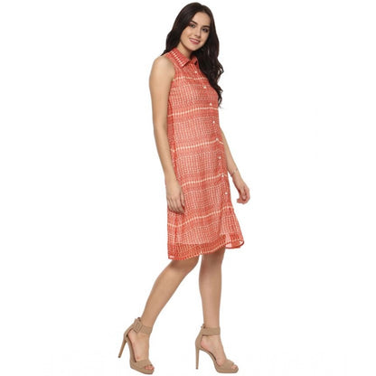 Generic Women's Polyester Printed Sleeveless Above Knee Dress (Orange)