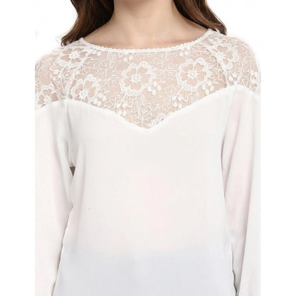 Generic Women's Polyester Georgette Self Design 3-4th Sleeves Regular Top (White)