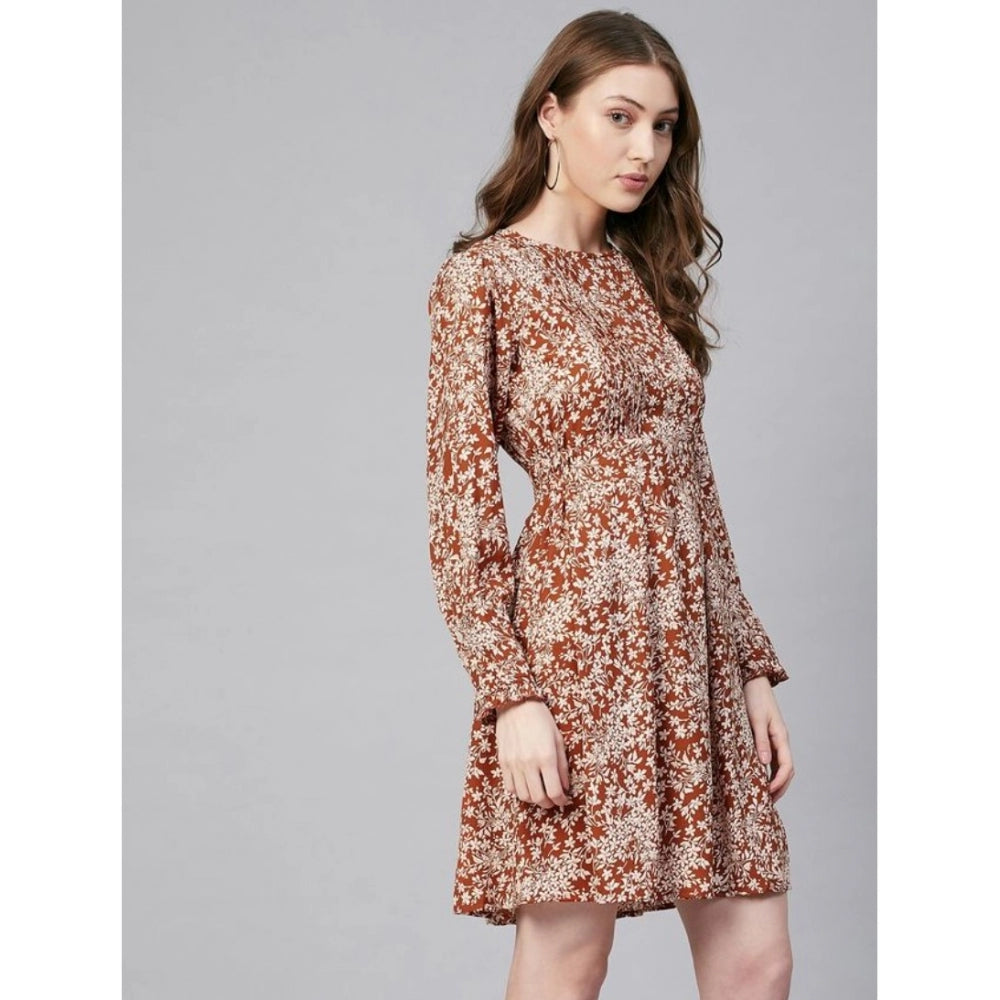 Generic Women's Polyester Floral Long Sleeves Above Knee Dress (Rust)