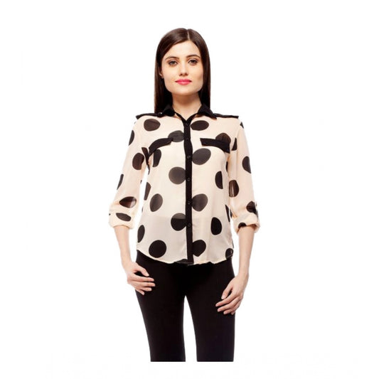 Generic Women's Polyester Polka Roll Up Sleeve Standard Length Shirt (Peach)