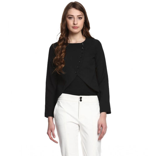 Generic Women's Polyester Diagonal Cut Long Sleeves Blazer (Black)