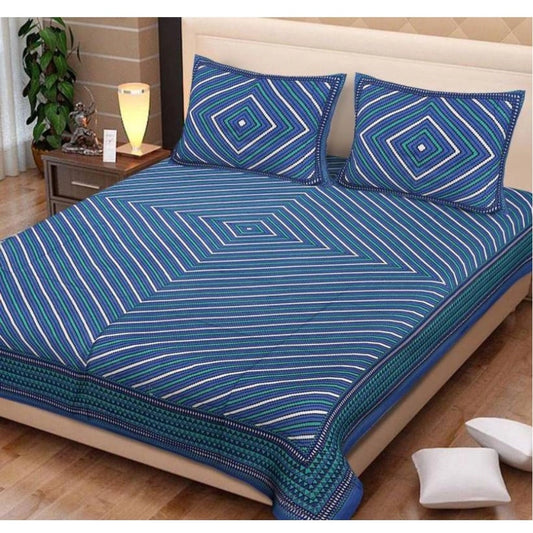 Generic Cotton Printed Queen Size Bedsheet With 2 Pillow Covers (Blue, 90x100 Inch)
