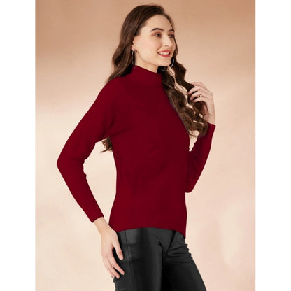Generic Women's Polyester Solid High Neck Full Sleeve T-Shirt (Maroon)