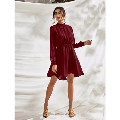 Generic Women's Fox Georgette Solid High Neck Full Sleeve Dress (Maroon)