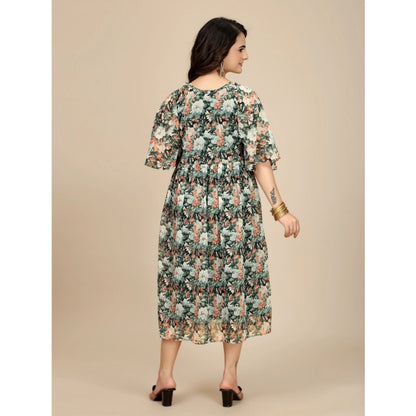 Generic Women's Georgette Printed Round Neck Short Sleeve Dress (Black)
