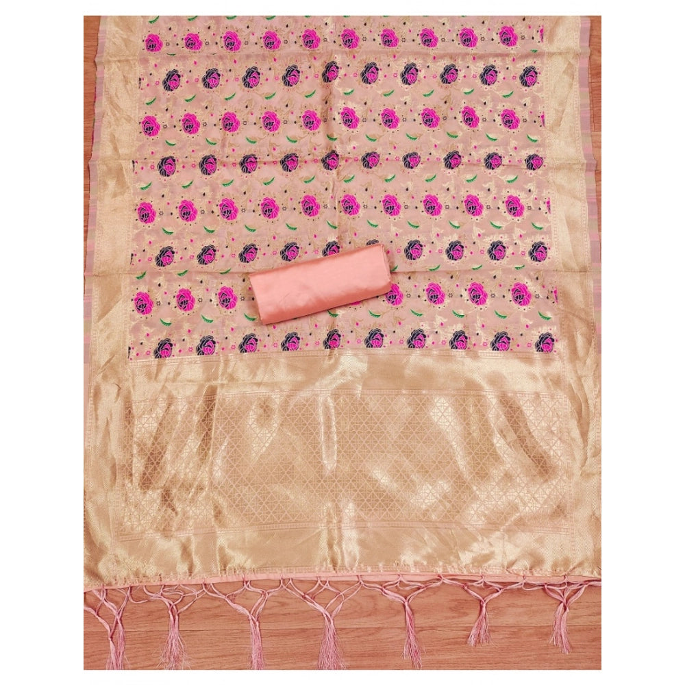 Generic Women's Banarasi Silk Printed Unstitched Salwar Suit Material With Dupatta (Peach, 3Mtrs)