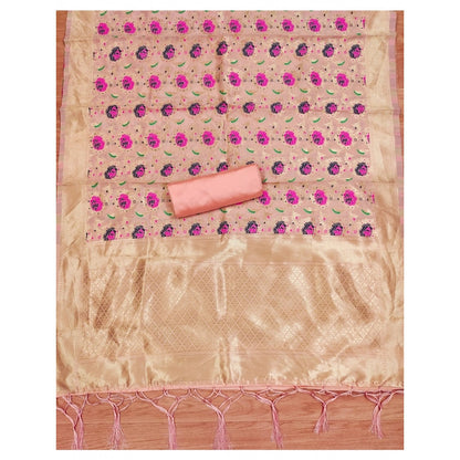 Generic Women's Banarasi Silk Printed Unstitched Salwar Suit Material With Dupatta (Peach, 3Mtrs)