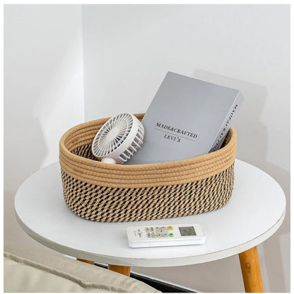Generic Cotton Oval Storage Rope Woven Baskets Pack of 1 (Beige Black)