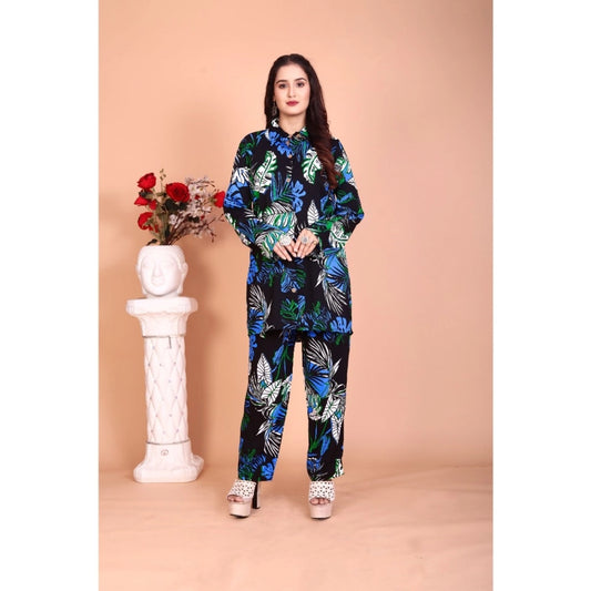 Generic Women's Rayon Printed Mandarin Collar Full Sleeve Co Ord Set (Black)