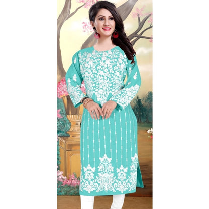 Generic Women's Georgette Printed Round Neck 3-4th Sleeve Kurti (Sky)