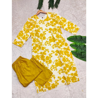 Generic Women's Rayon Printed Round Neck 3-4th Sleeve Kurti With Pant Set (Yellow)